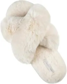 Women's Cross Band Soft Plush Fleece House/Outdoor Slippers (5-6 M US, Cream) Beige