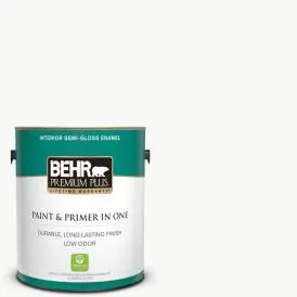 BEHR PREMIUM PLUS 1 gal. Ultra Pure White Semi-Gloss Enamel Low Odor Interior Paint and Primer in One